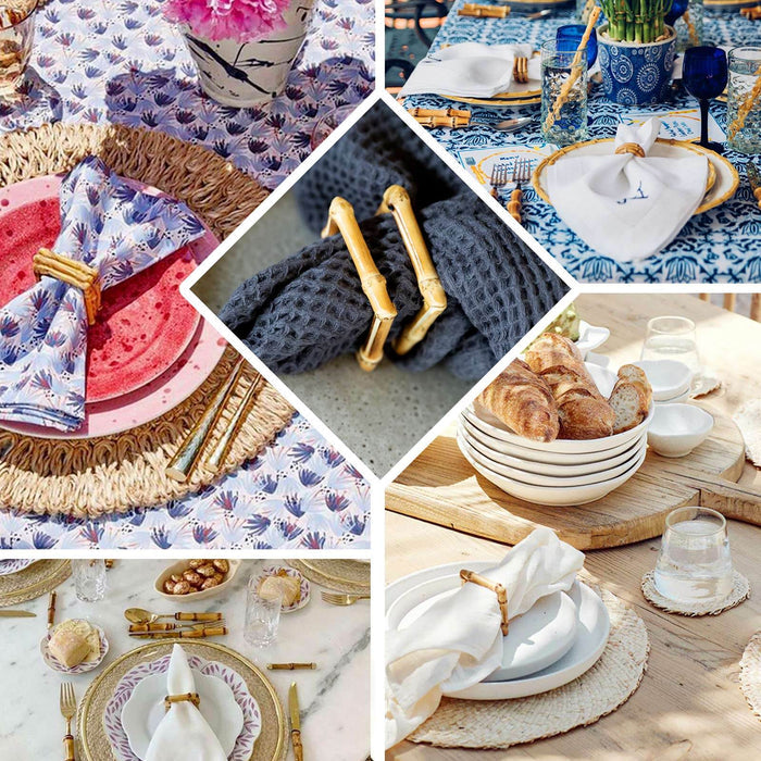 Assorted table settings with decorative napkin rings and elegant dinnerware.