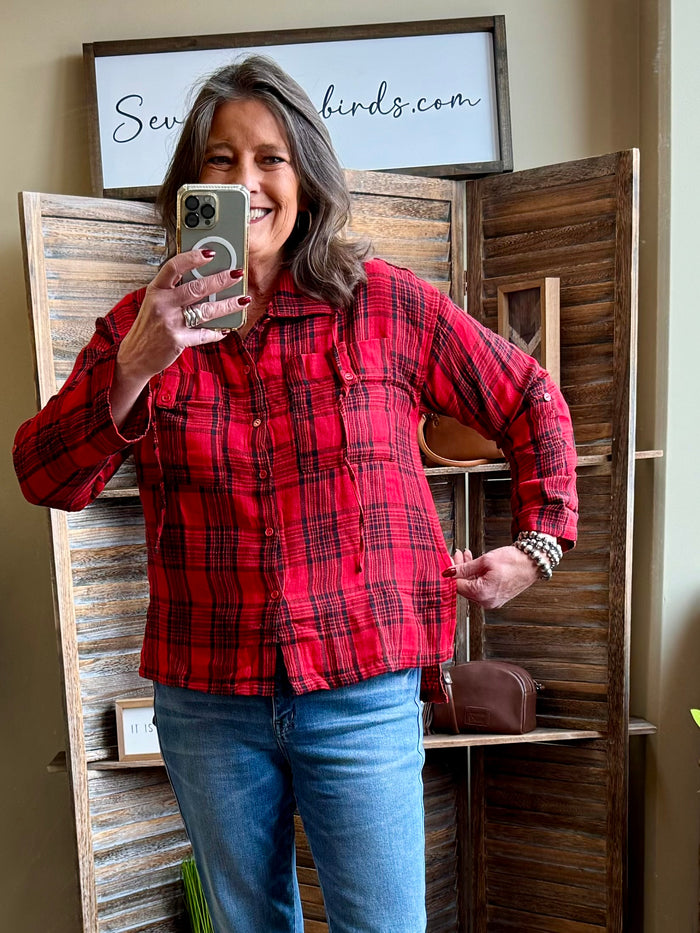 Red buffalo-plaid cotton button-front shirt with long sleeves and chest buttons