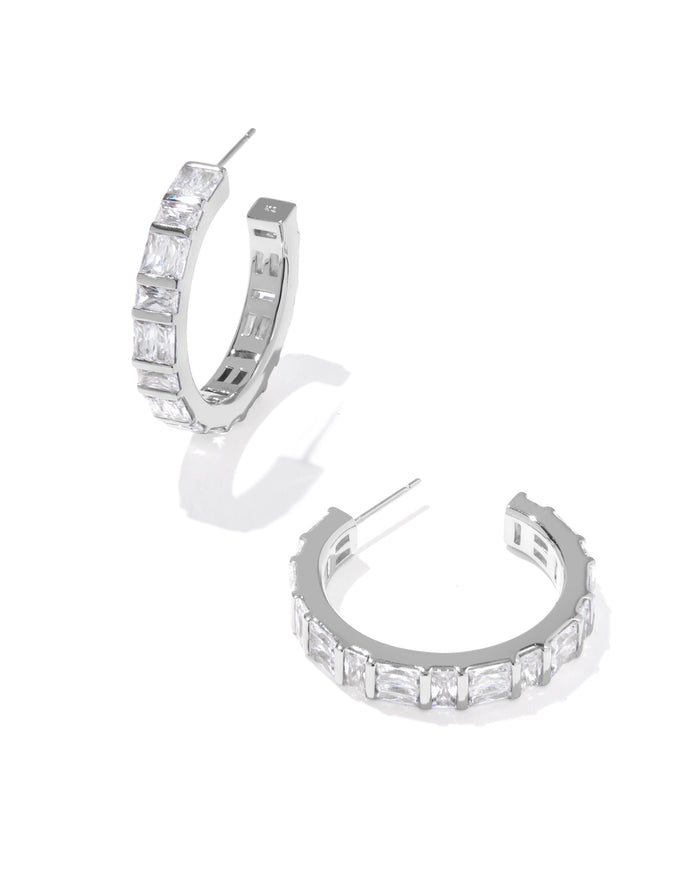 Jamie Hoop Earring in Rhodium Metal White Crystal