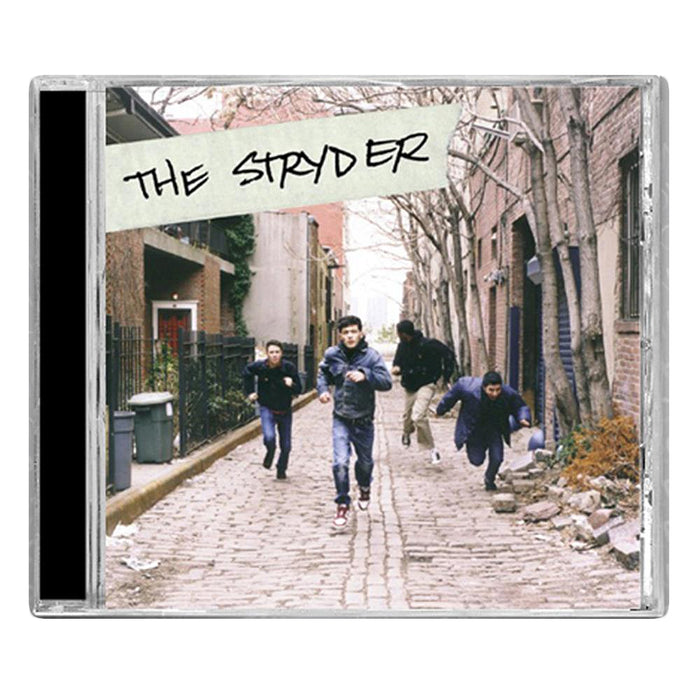 The Stryder’s debut CD cover depicts four people running down a cobblestone alley flanked by bare trees and brick buildings, with the brand name in bold black letters on a white strip at the top, reflecting their post-hardcore style.