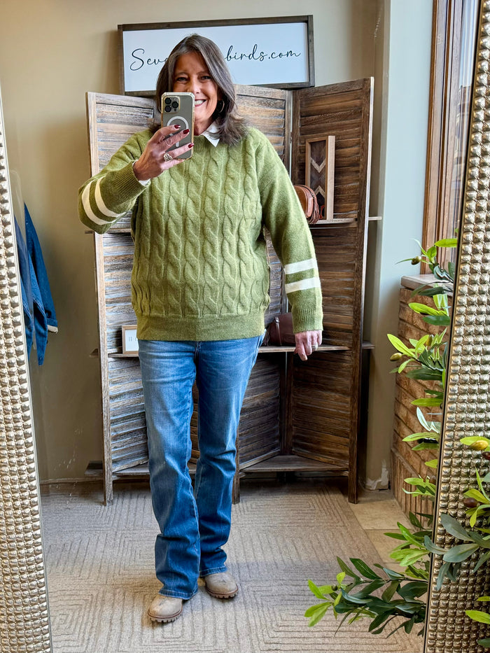 Olive cable knit crew neck varsity sweater with white stripe cuffs and hem
