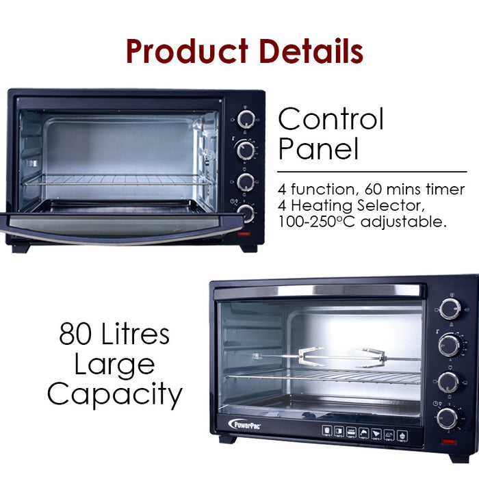 PowerPac Electric Oven 80L with Rotisserie and convection functions, 2 trays and grill racks (PPT80)