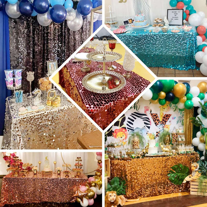 Decorative sequin tablecloths in various colors for festive events and celebrations.