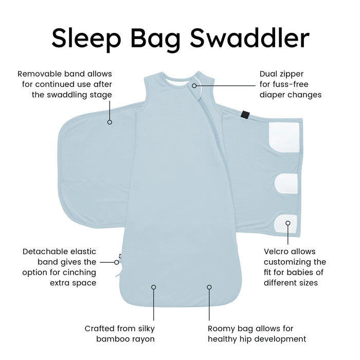 Kyte Baby Sleep Bag Swaddler in Fog with benefits listed