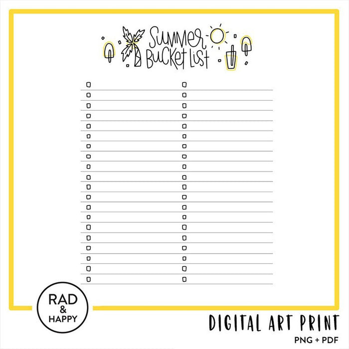 A printable summer bucket list with a check box on each blank line