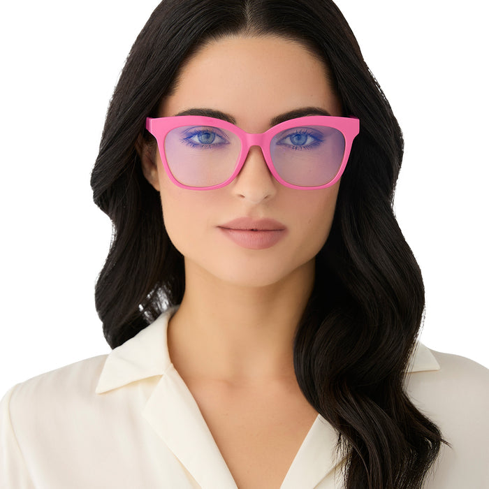 on model - female wearing diff eyewear featuring the willa square prescription glasses with a bubble gum pink acetate frame front view