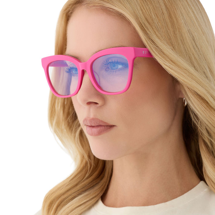diff eyewear featuring the winston cat eye blue light glasses with a bright pink acetate frame angled view