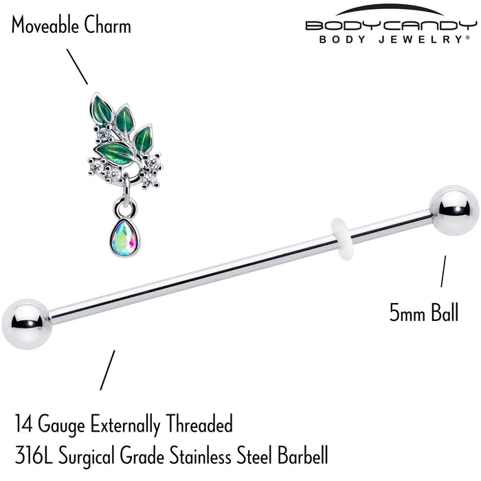 14G Aurora CZ Gem Morning Leaves Dangle Industrial Barbell 38mm