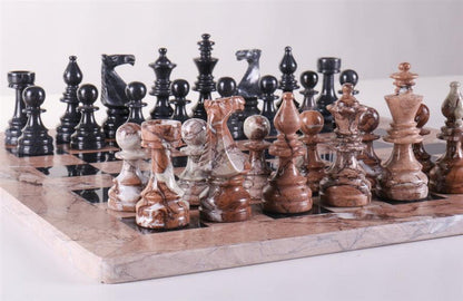 16" Marble Chess Set Euro Design in Marina & Black - Chess Set - Chess-House
