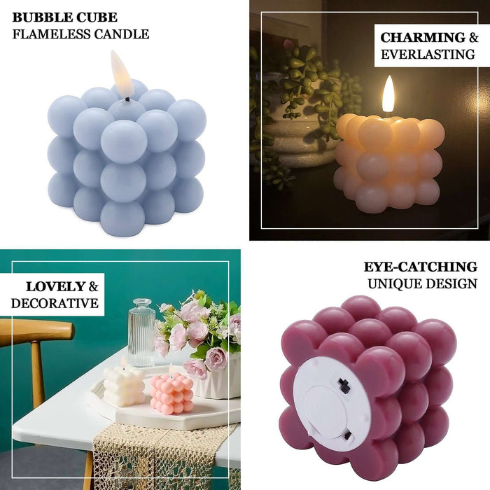 Bubble cube flameless candle in lavender, pink, and cream colors