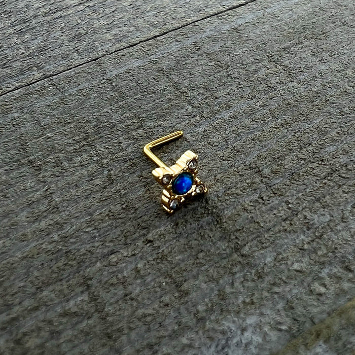 20G 1/4 Blue Synthetic Opal Gold Hue Rhombus L Shape Nose Ring
