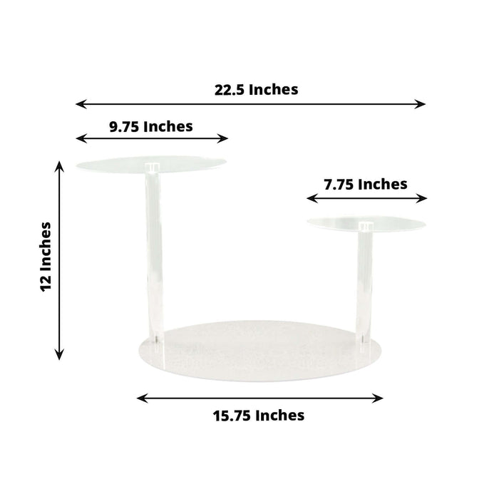 Clear acrylic two-tier cake stand with dimensions labeled
