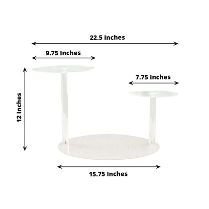 Clear acrylic two-tier cake stand with dimensions labeled