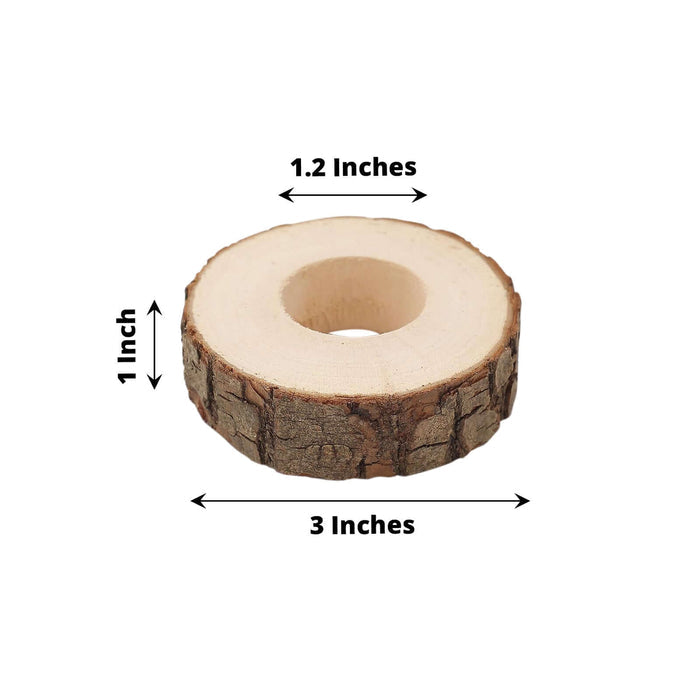 Wooden round slice with a hole, measuring 3 inches in diameter and 1 inch thick.