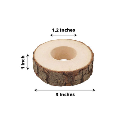 Wooden round slice with a hole, measuring 3 inches in diameter and 1 inch thick.