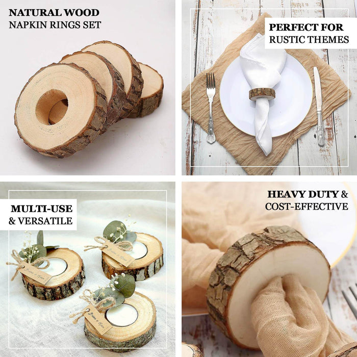 Natural wood napkin rings set, perfect for rustic themes and multi-use decor.