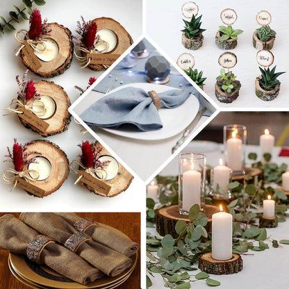 Rustic table decor with wood slices, candles, and greenery for elegant events.
