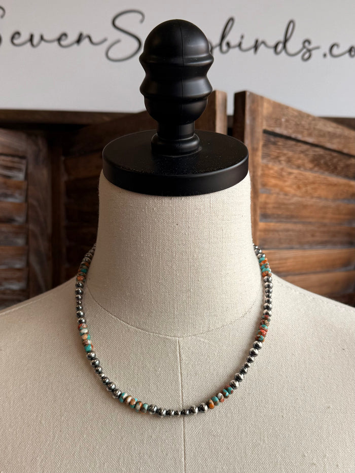 Sterling silver and turquoise spiny bead necklace on mannequin, graduated bead strand