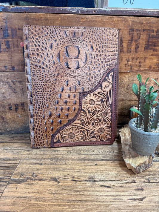 Crocodile-embossed leather-look notebook portfolio folder with carved floral panel