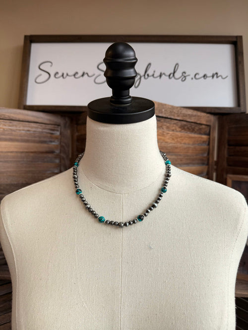 Turquoise stone beaded necklace with silver-tone chain, 18-inch length