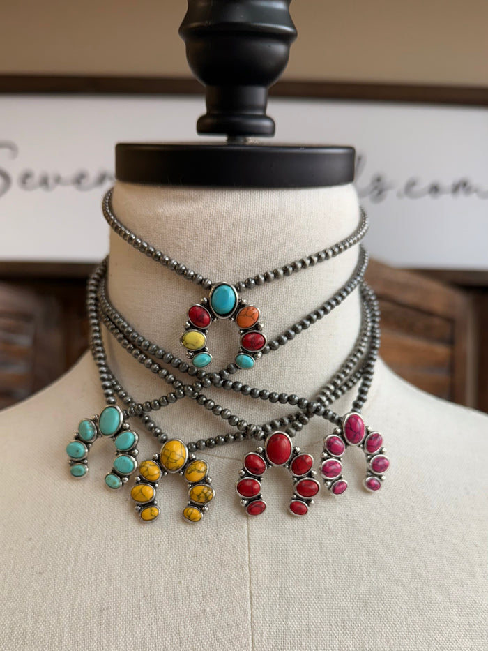 Mini squash necklace with multi-color bead cluster pendant and three-layer chain