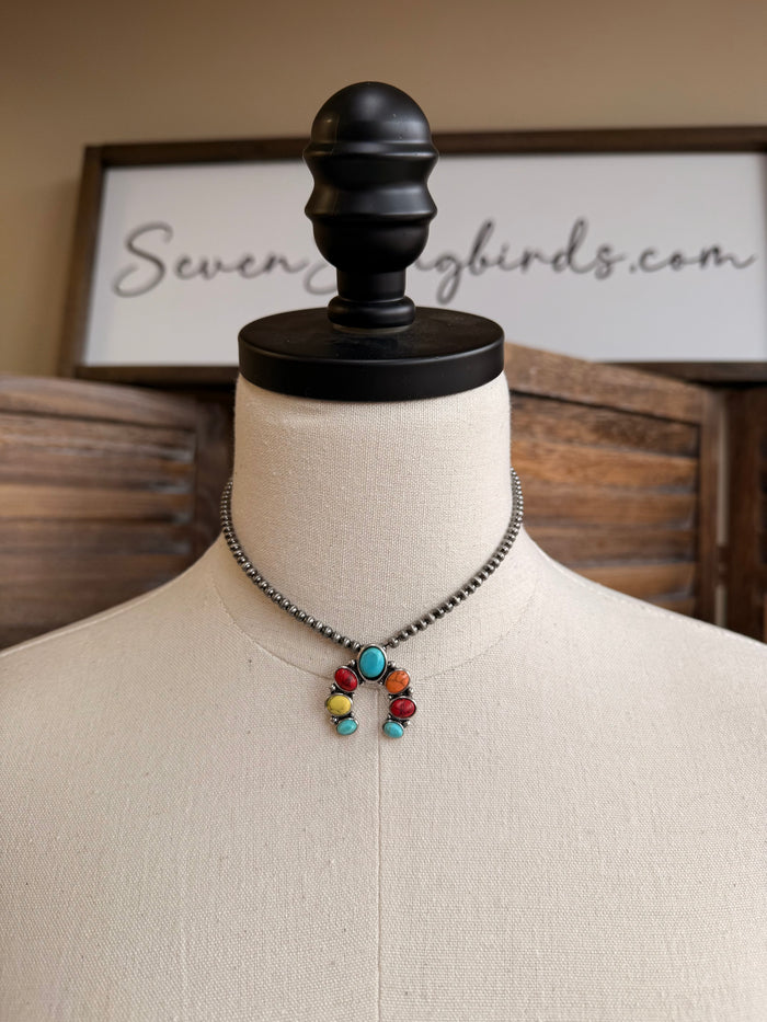 Mini squash necklace with multicolor bead cluster pendant on two-layer chain