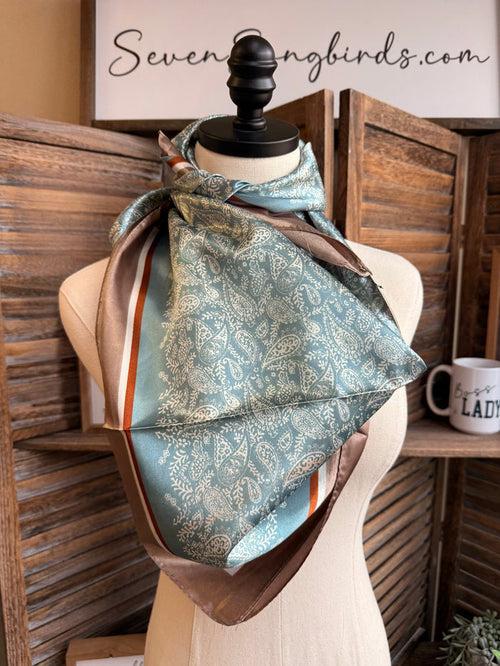 Seafoam teal paisley wild rag scarf with cream and tan border