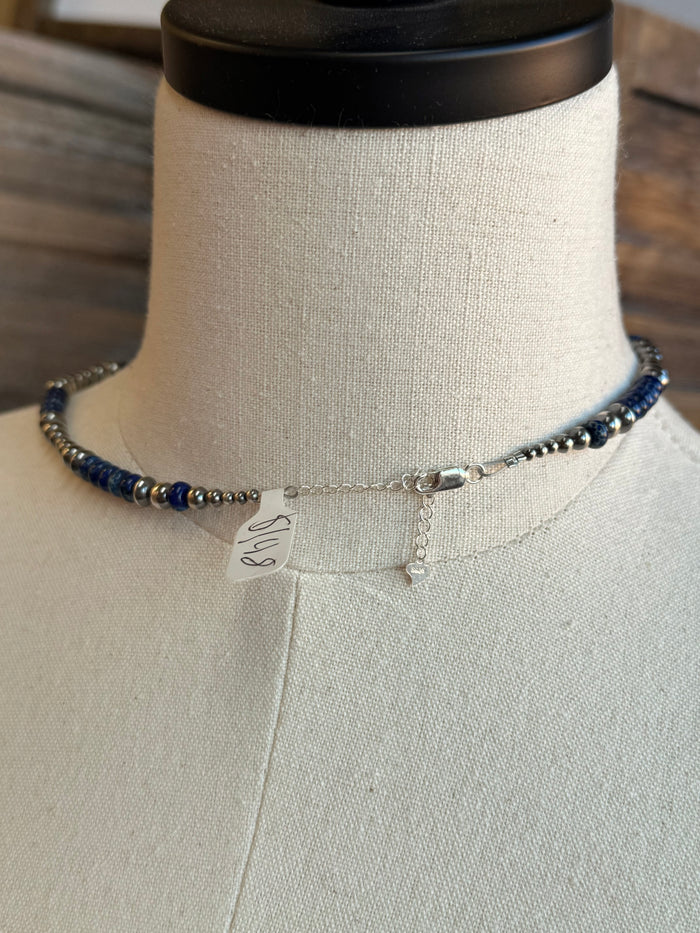 Sterling jasper bead necklace with blue beads and small heart and tag charms