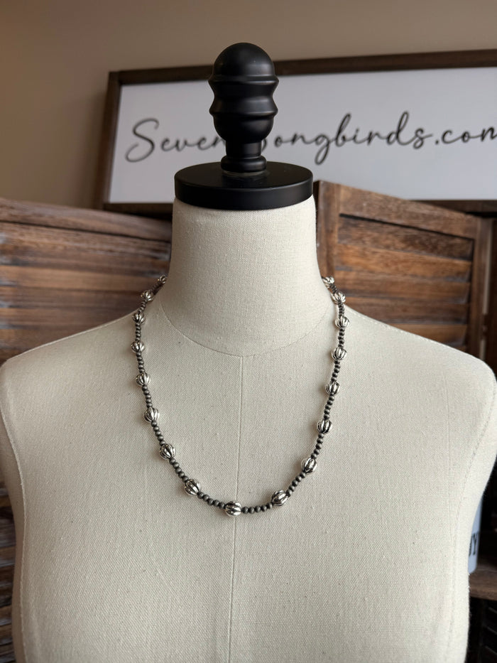 Pearl bead necklace with silver-tone chain and spaced round bead links