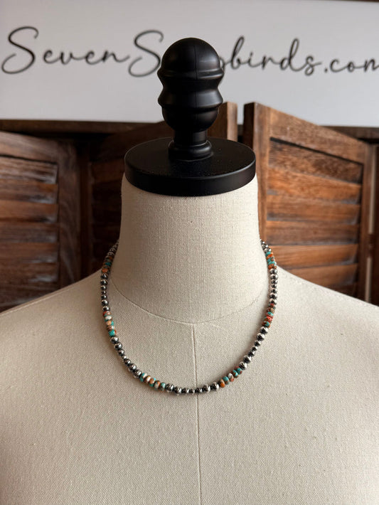 Sterling silver and turquoise spiny bead necklace on mannequin, graduated bead strand