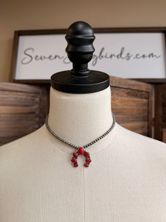 Mini squash necklace with red bead cluster pendant on two-layer chain