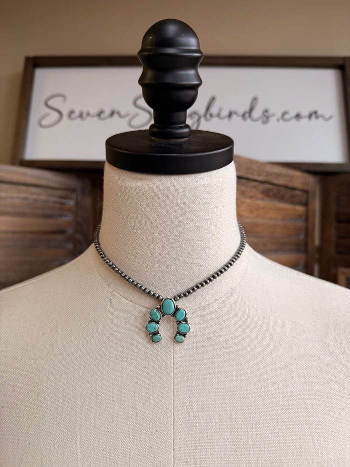 Mini squash necklace with turquoise bead cluster pendant on two-layer chain