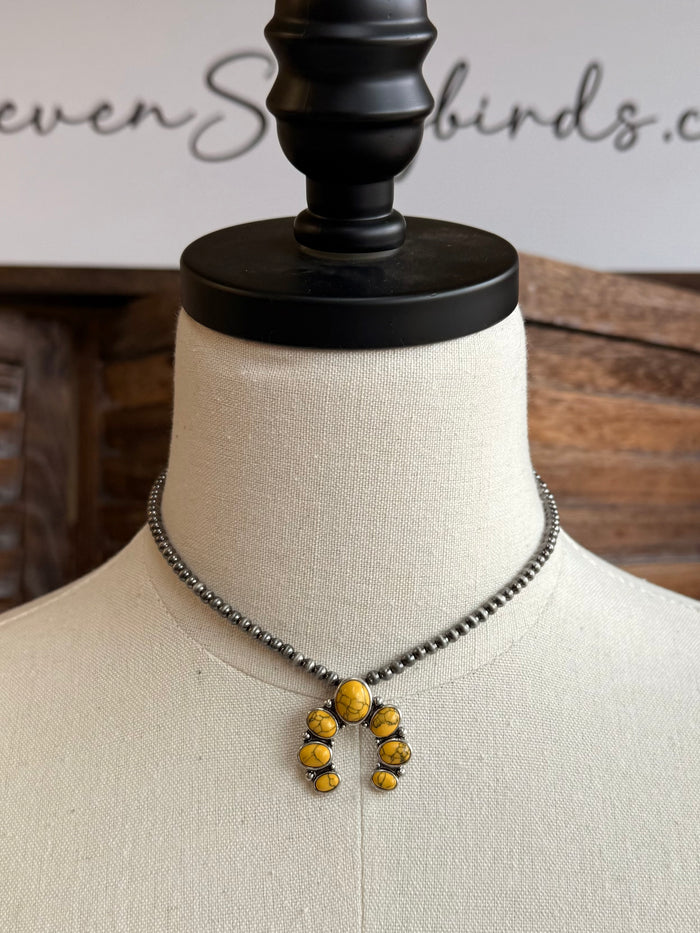 Mini squash necklace with yellow bead cluster pendant on two-layer chain