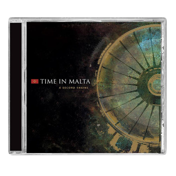 CD case for A Second Engine by Time In Malta, featuring an abstract circular design in dark colors with green and yellow tones and the album title in white text on the left.