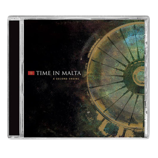 CD case for A Second Engine by Time In Malta, featuring an abstract circular design in dark colors with green and yellow tones and the album title in white text on the left.