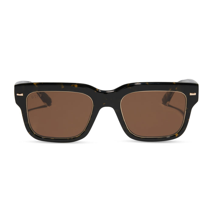 emily in paris x diff eyewear featuring the alfie rectangle sunglasses with a truffle tortoise frame and deep brown lenses front view