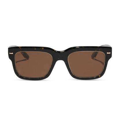 emily in paris x diff eyewear featuring the alfie rectangle sunglasses with a truffle tortoise frame and deep brown lenses front view