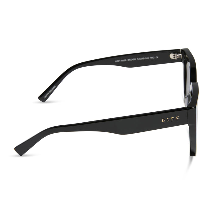 diff eyewear featuring the amara square sunglasses with a black frame and grey gradient lenses side view