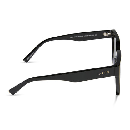 diff eyewear featuring the amara square sunglasses with a black frame and grey gradient lenses side view
