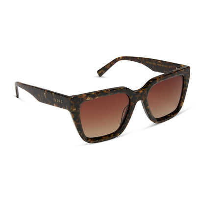 diff eyewear featuring the amara square sunglasses with a glitter tortoise frame and brown gradient polarized lenses angled view
