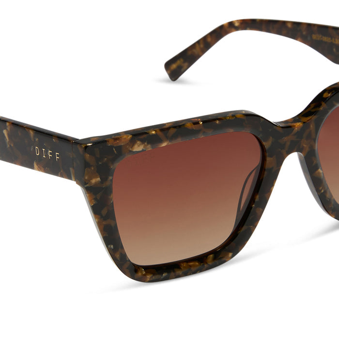 diff eyewear featuring the amara square sunglasses with a glitter tortoise frame and brown gradient polarized lenses detailed view