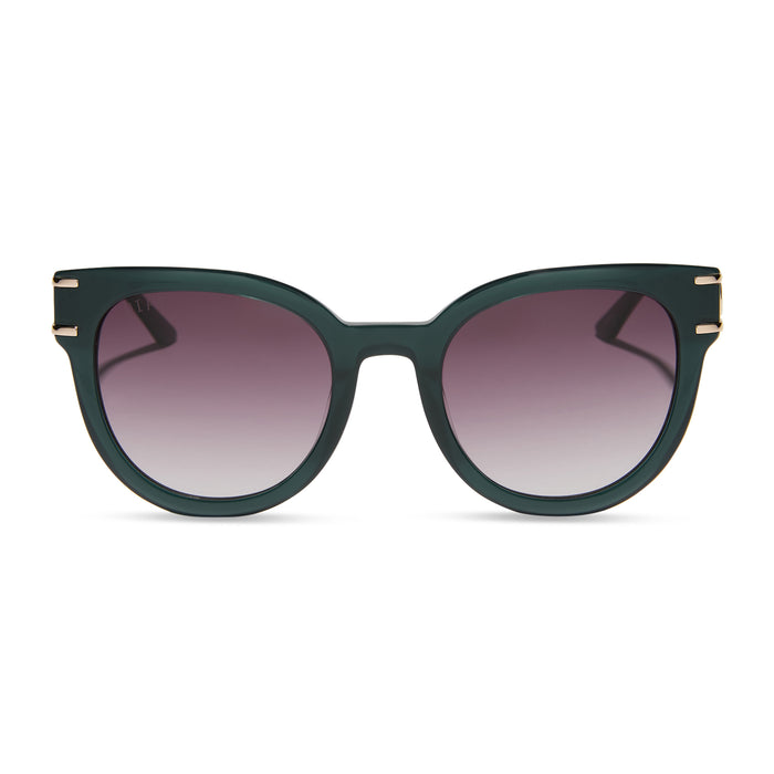 frozen x diff eyewear featuring the anna cat eye sunglasses with a rich emerald frame and royal purple gradient lenses front view