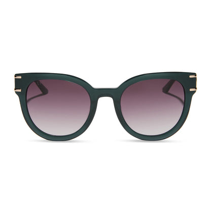 frozen x diff eyewear featuring the anna cat eye sunglasses with a rich emerald frame and royal purple gradient lenses front view