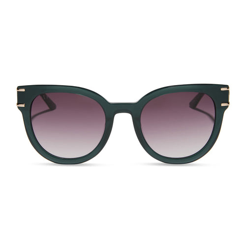 frozen x diff eyewear featuring the anna cat eye sunglasses with a rich emerald frame and royal purple gradient lenses front view