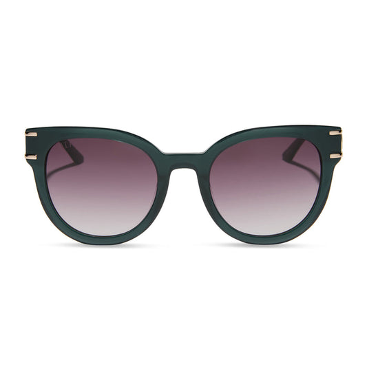 frozen x diff eyewear featuring the anna cat eye sunglasses with a rich emerald frame and royal purple gradient lenses front view