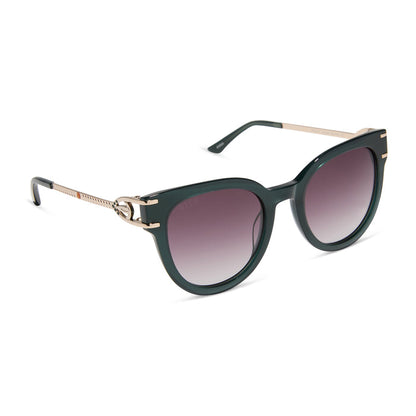 frozen x diff eyewear featuring the anna cat eye sunglasses with a rich emerald frame and royal purple gradient lenses angled view