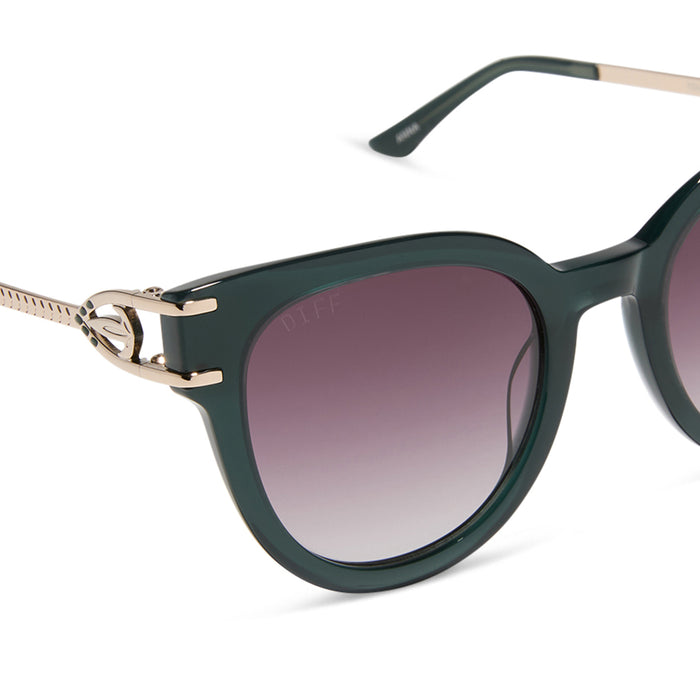 frozen x diff eyewear featuring the anna cat eye sunglasses with a rich emerald frame and royal purple gradient lenses detailed view