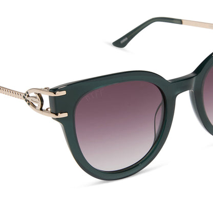 frozen x diff eyewear featuring the anna cat eye sunglasses with a rich emerald frame and royal purple gradient lenses detailed view