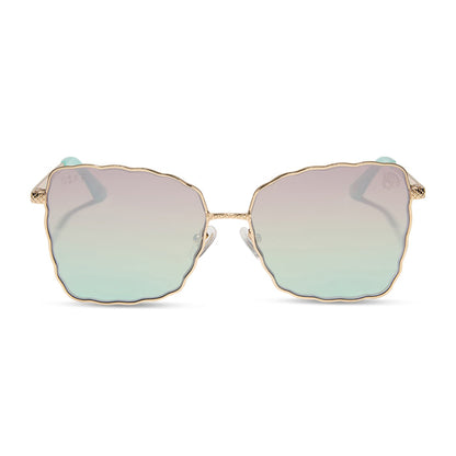 disney princess x diff eyewear featuring the ariel 2.0 sunglasses with a Shimmering Gold frame and Iridescent Sea Foam Pink To Blue Gradient Lenses front view