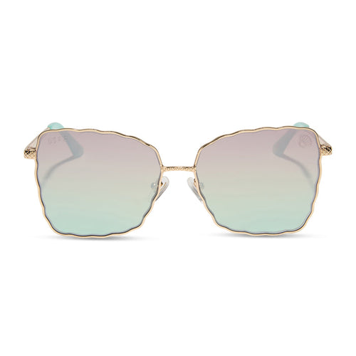 disney princess x diff eyewear featuring the ariel 2.0 sunglasses with a Shimmering Gold frame and Iridescent Sea Foam Pink To Blue Gradient Lenses front view